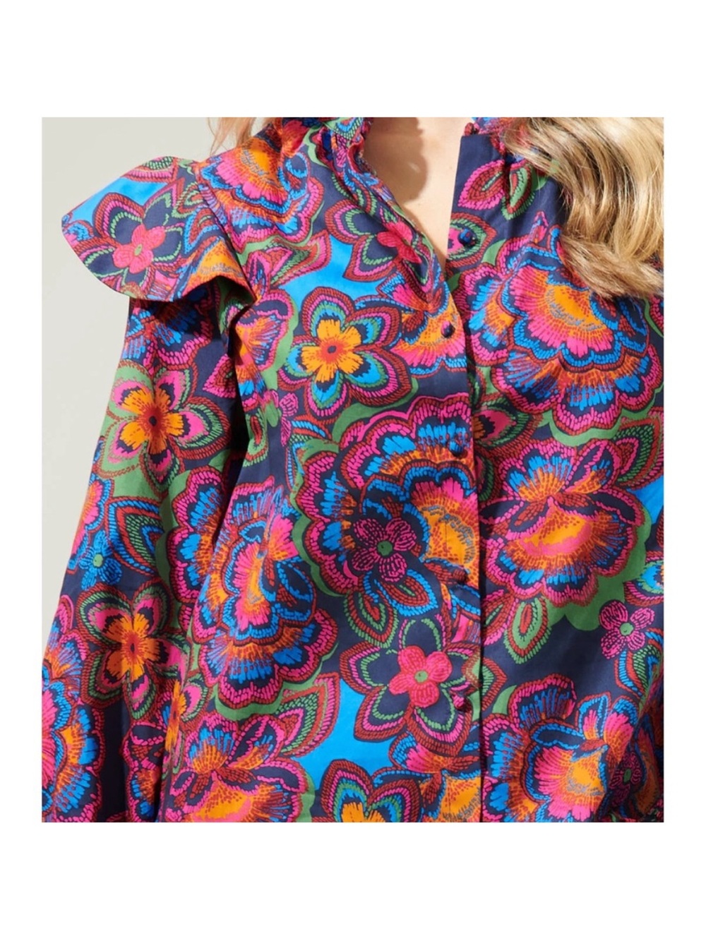 Sugar lips Vibrant Floral Ruffle Shoulder Blouse in Multi
